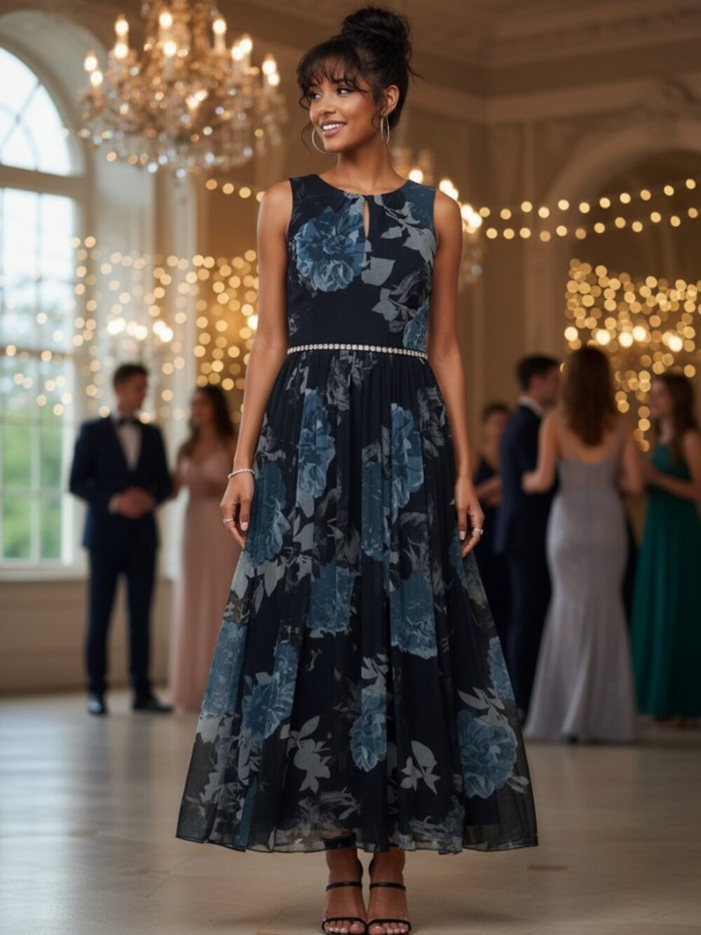 Madison Blue and Black Floral Midi‎ Dress